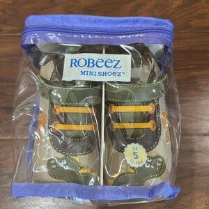 Robeez Olive Green and Orange Baby Shoes with Dinosaur Accent